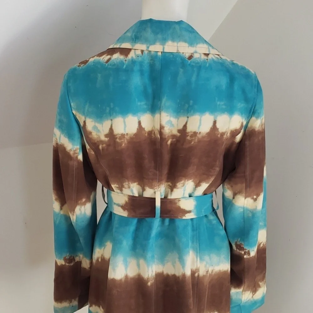 Anne Klein Womens Tie Dye Belted Aqua Blue Ivory Brown Big Collar Trench Coat, M